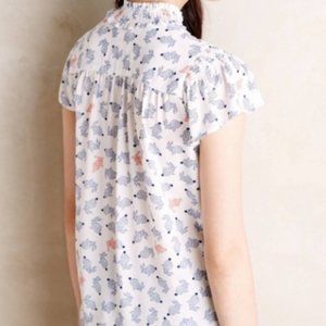 Anthropologie Maeve Hop Along Rabbit Print Top With Ruffle Collar Size O